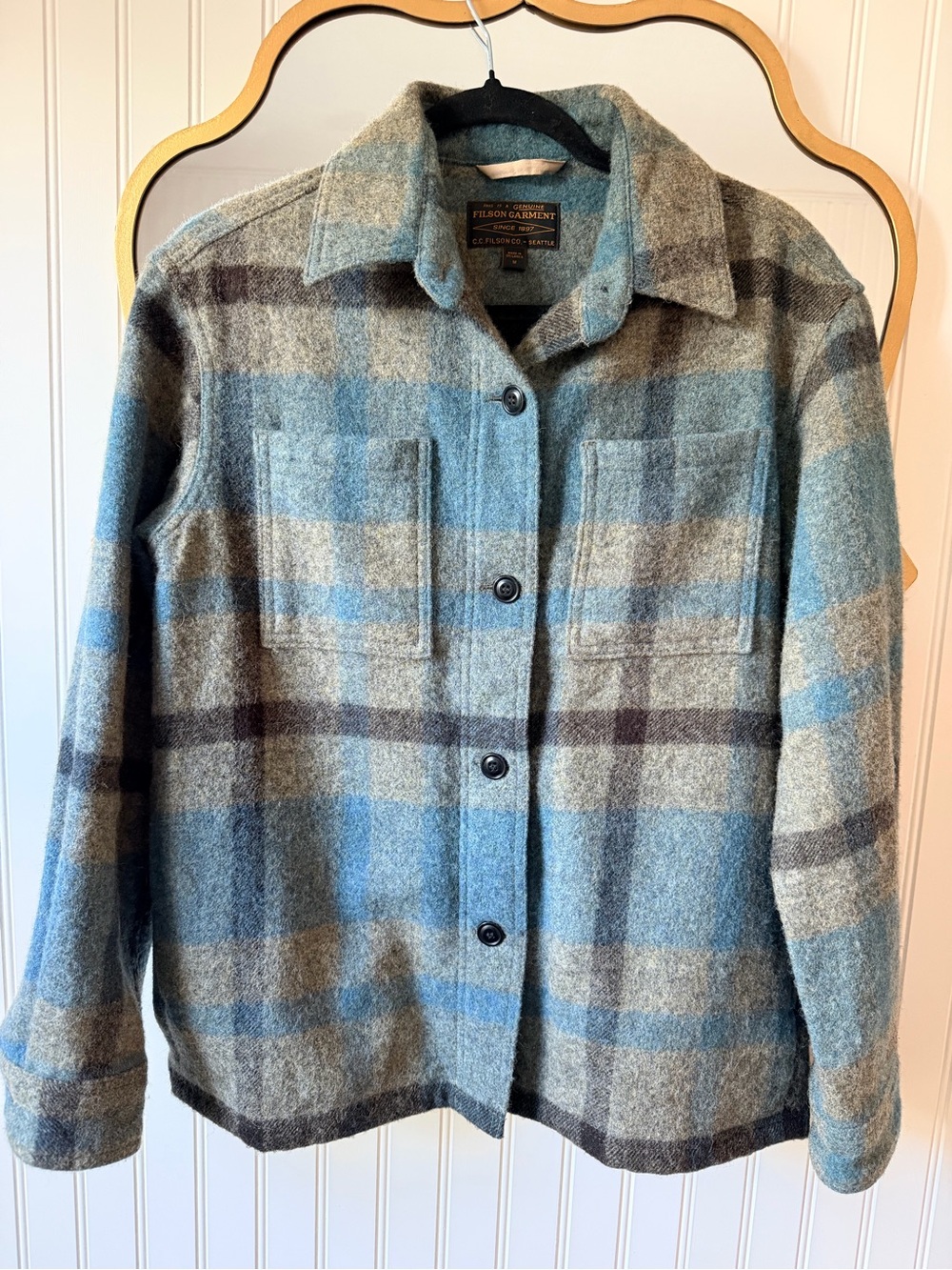 Filson Blue and Gray Plaid Wool Teddy Jacket